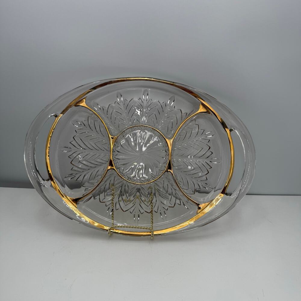 Jeanette Feather Clear Glass Gold Trim 5 Section Handled Relish Serving Tray Vtg